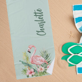 Toalla De Playa Flamingo rosa flores tropicales sage verde