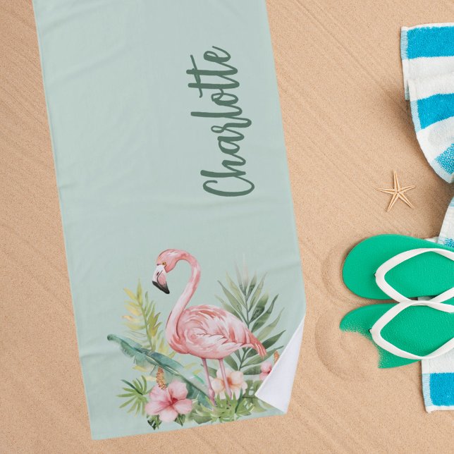 Toalla De Playa Flamingo rosa flores tropicales sage verde (Subido por el creador)