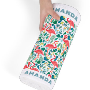 Toalla De Playa Flamingo rosa tropical patrón de hojas tropicales