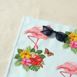 Toalla De Playa Flamingo rosa y patrón de flotación de Hibiscus tr