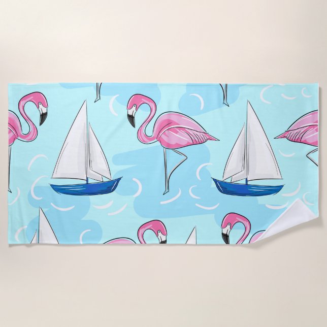 Toalla De Playa Flamingo Sailboat Preppy (Anverso)