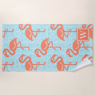 Toalla De Playa Flamingo Tropical Griega Coral & Turquesa Monogram