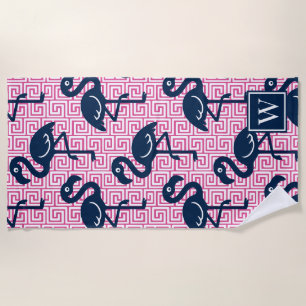Toalla De Playa Flamingo Tropical Llave Griega - Monograma Rosa y 