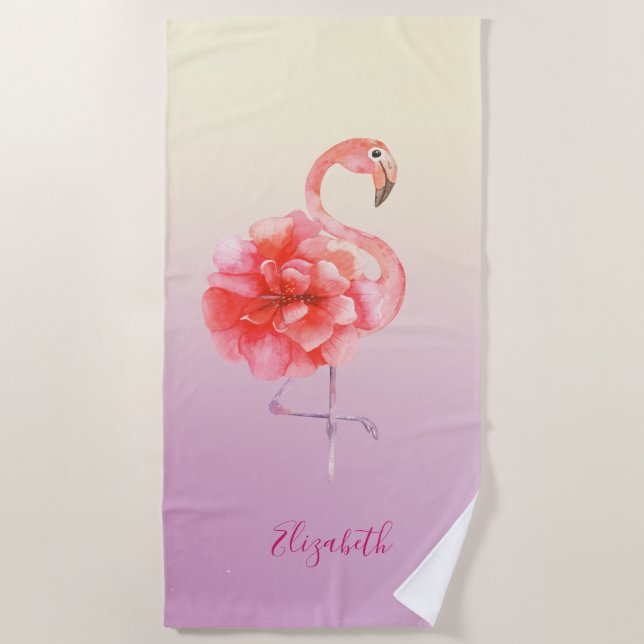 Toalla De Playa Flamingos rosa floral cúrcuma Ombre (Anverso)