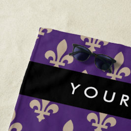Toalla De Playa Fleur de Lis, Beige on Purple, Royal, Your Name
