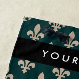 Toalla De Playa Fleur de Lis, beige sobre verde, real, tu nombre