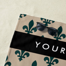 Toalla De Playa Fleur de Lis, Verde sobre Beige, Real, Tu Nombre