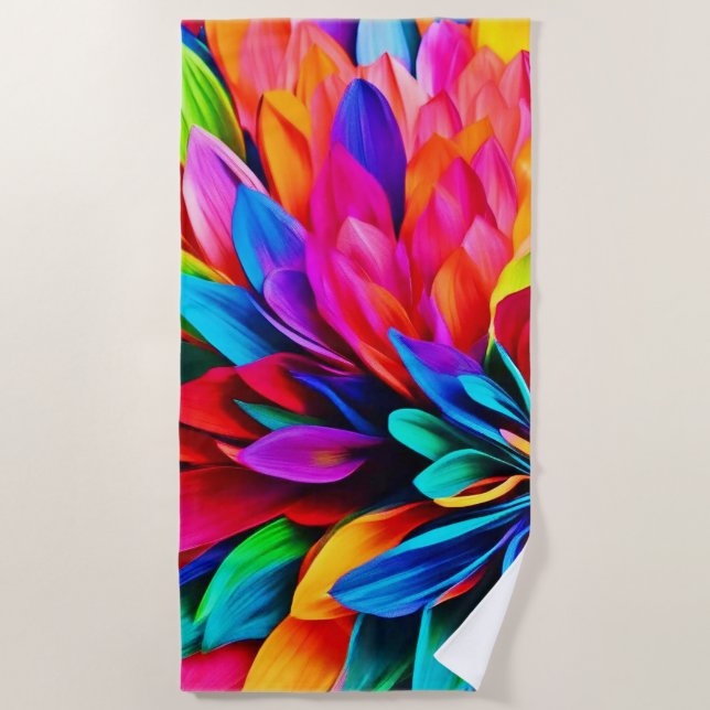 Toalla De Playa Flor abstracta de arcoíris vibrante (Anverso)