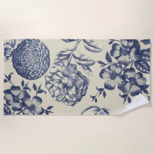 Toalla De Playa Flor azul anticuada impresa floral