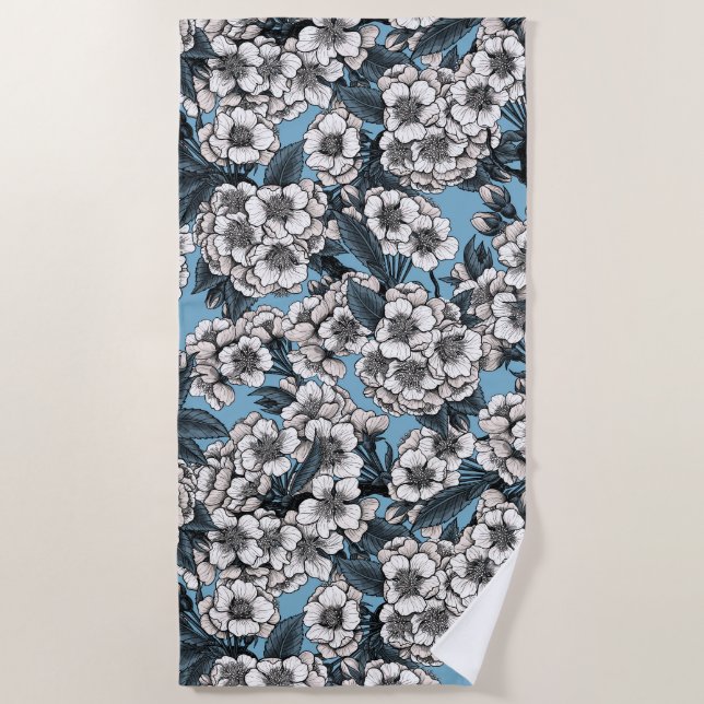 Toalla De Playa Flor de cerezo en blanco y azul (Anverso)