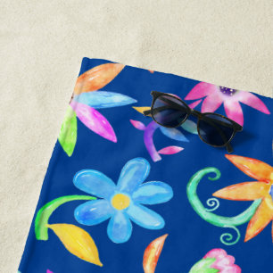 Toalla De Playa Flor de colores vivos Arte Azul Personalizado