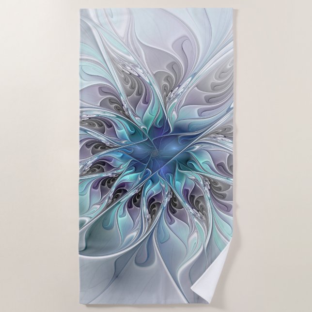 Toalla De Playa Flor Fractal Moderna Con Azul (Anverso)