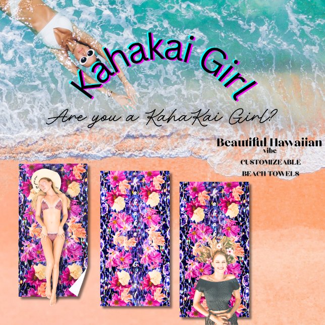 Toalla De Playa Flor silvestre Purpurina sincera "Kahakai Chica" (Customizable floral beach towels with vertical text that reads "Kahakai Girl," for sea-loving girls)