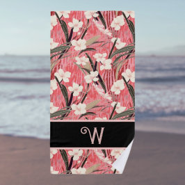 Toalla De Playa Floral asiático rosa melocotón blanco monograma ch