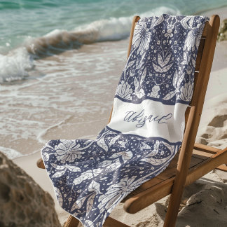 Toalla De Playa Floral azul de la marina personalizada estilo Will