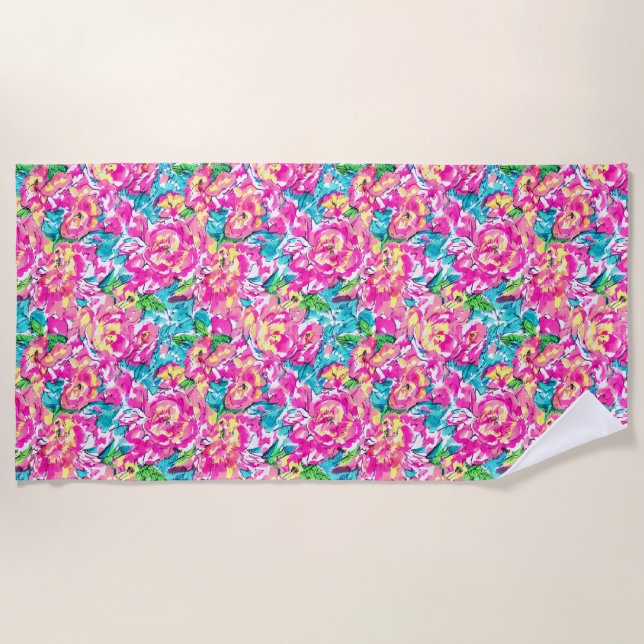 Toalla De Playa Floral azul rosa inspirada en las acuarelas (Anverso)