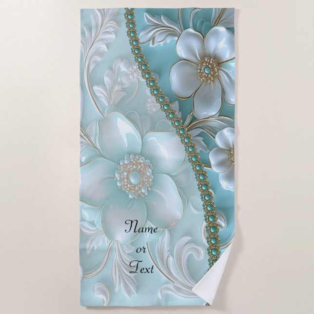 Toalla de playa floral blanca verde azulada (Anverso)