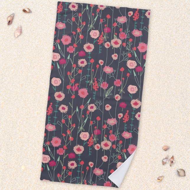 Toalla De Playa Floral Boho Pink Black (Modern boho floral wildflower dark art beach towel)