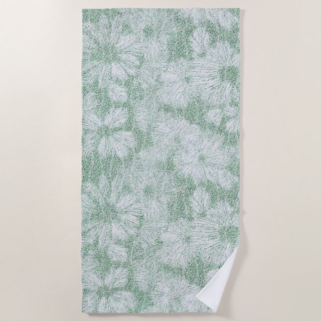 Toalla De Playa Floral Daisy Terciopelo Verde Menta  (Anverso)