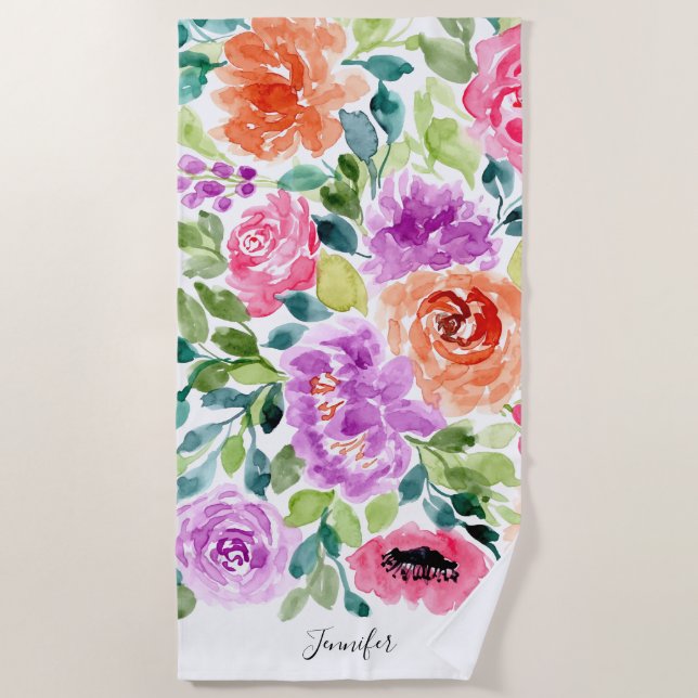 Toalla De Playa Floral de acuarela brillante pintada a mano (Anverso)