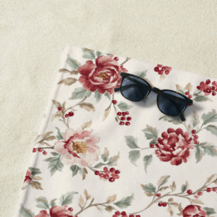 Toalla De Playa Floral de Crema Roja Pretty Chic