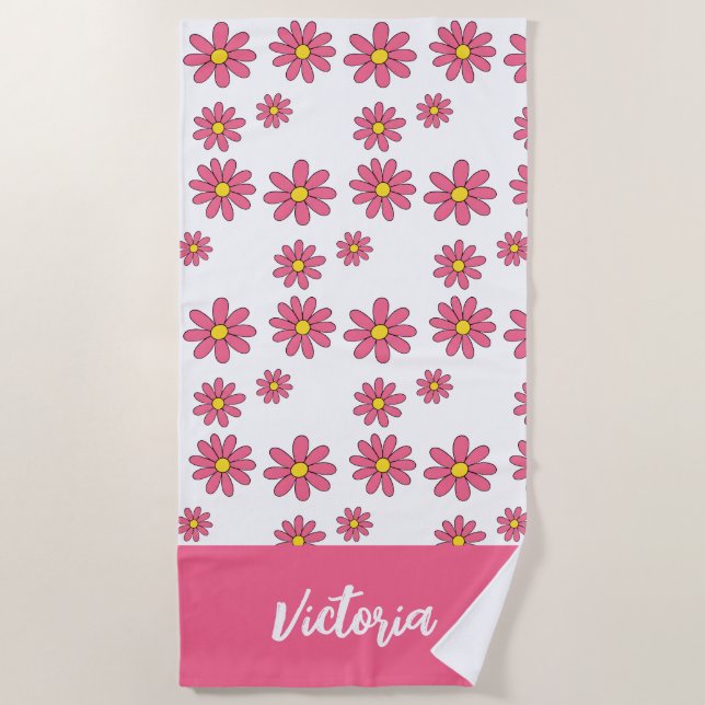 Toalla de playa floral de margarita personalizada, (Anverso)