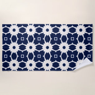 Toalla De Playa Floral geométrica azul y blanca de la marina
