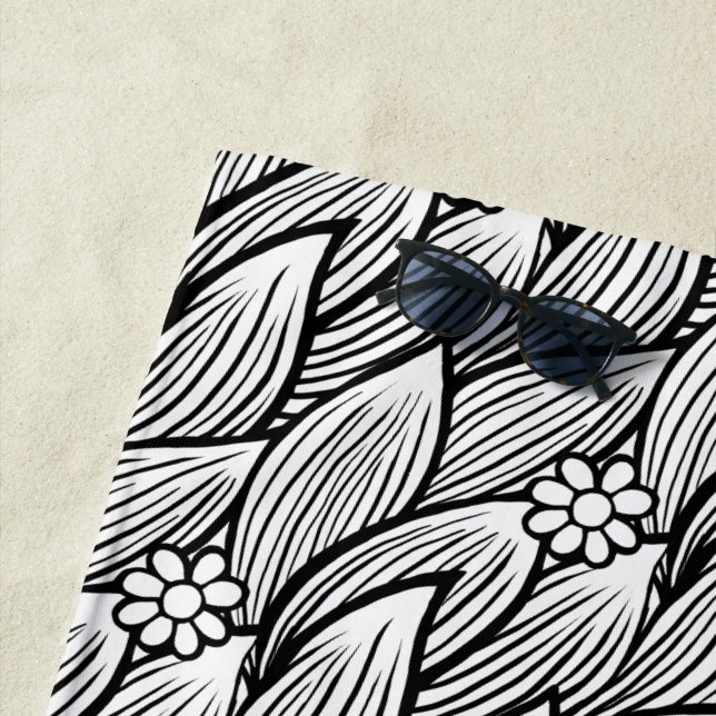 Toalla De Playa Floral moderna de margarita hippie blanca y negra (In situ)