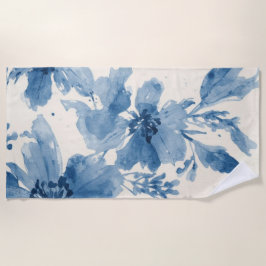 Toalla De Playa Floral Pintado Botánico Caprichoso Acuarela Azul
