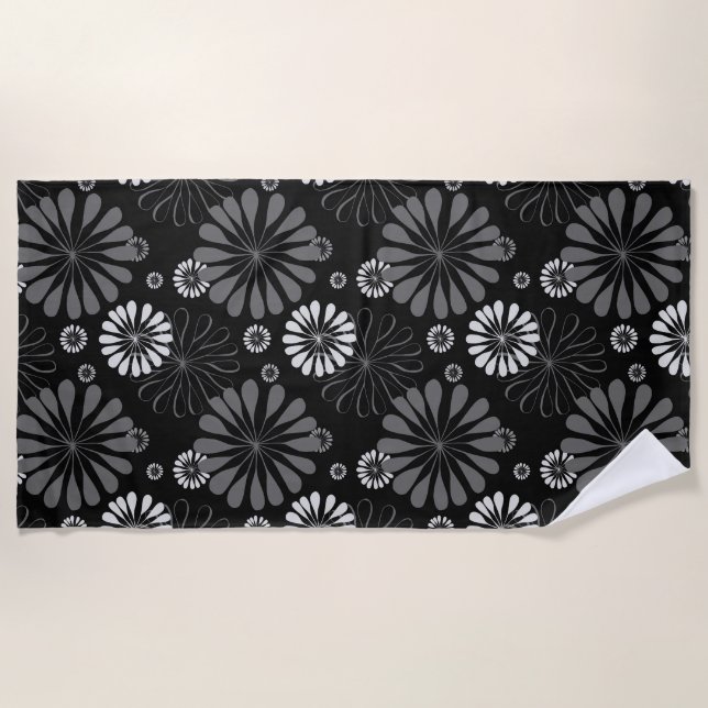 Toalla De Playa Floral retro en blanco y negro (Anverso)