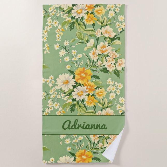 Toalla De Playa Floral Retro Verde  (Anverso)