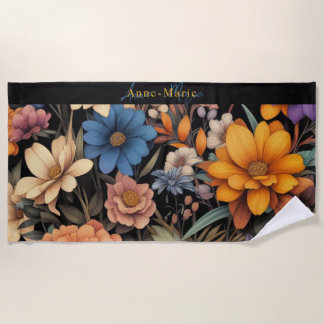 Toalla De Playa Floral rústica vintage elegante negro