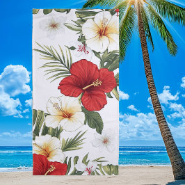 Toalla De Playa Floral tropical de Hibiscus rojo y blanco