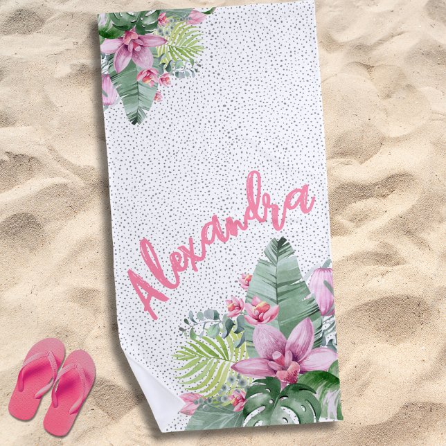Toalla De Playa Floral tropical moderna y de diseño (Watercolor Tropical Floral Beach Towel)