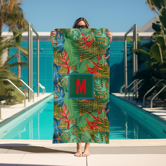 Toalla De Playa Floral tropical monogramada en impresión de mimbre (Monogrammed Tropical Floral on Wicker Print Beach Towel (white on reverse side))