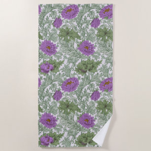 Toalla De Playa Floral Vintage Verde Musgo Púrpura de William Morr