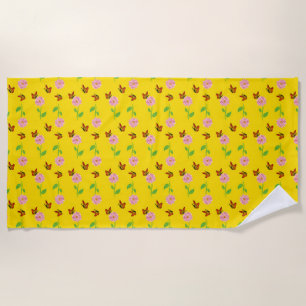 Toalla De Playa flores con mariposas sobre un fondo amarillo
