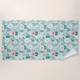 Toalla De Playa Flores de arte folclórico color azul y rosa pastel