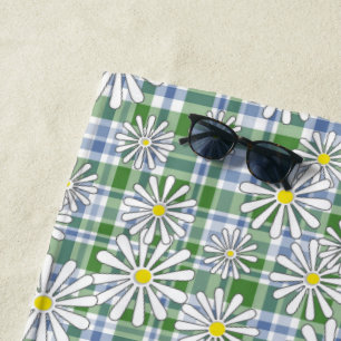 Toalla De Playa Flores de camomila blanca sobre un alicatado azul 