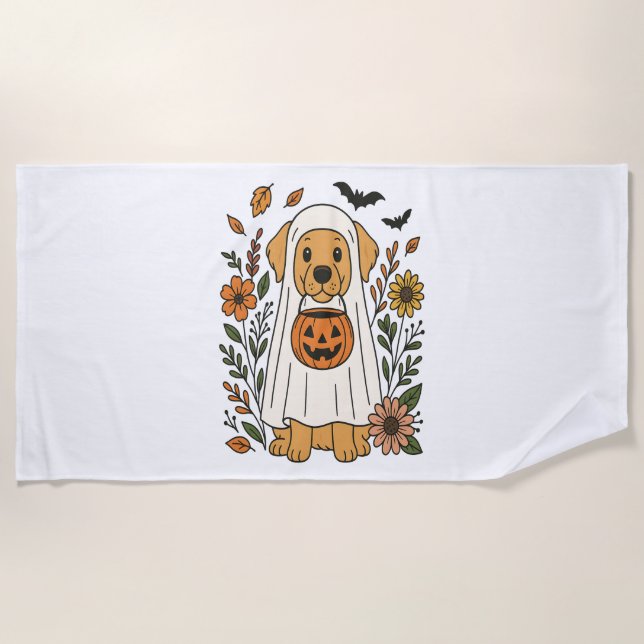 Toalla De Playa Flores de Halloween Golden Retriever (Anverso)