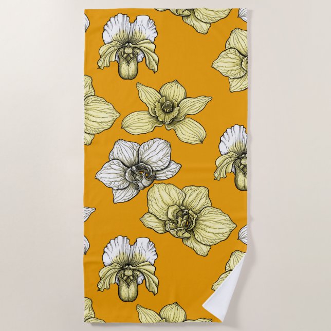 Toalla De Playa Flores de orquídea amarilla y blanca (Anverso)