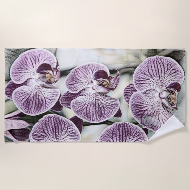 Toalla De Playa Flores de orquídea rosa morado lindo dibujando (Anverso)