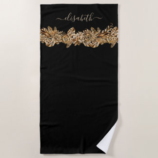 Toalla De Playa Flores doradas de lujo Moda elegante negro