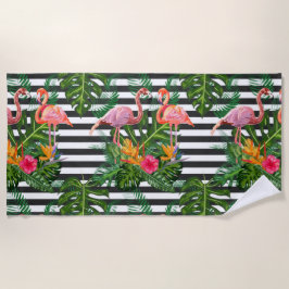 Toalla De Playa Flores Flamingo Hibiscus Black White Stripe