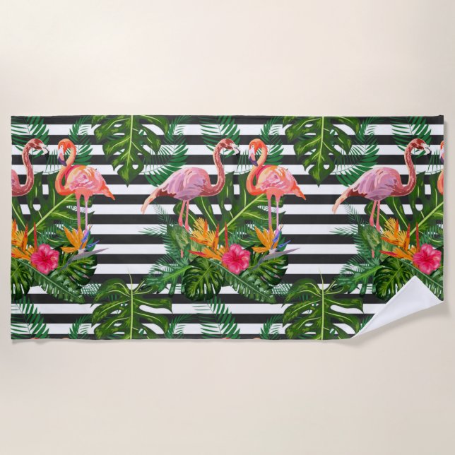 Toalla De Playa Flores Flamingo Hibiscus Black White Stripe (Anverso)