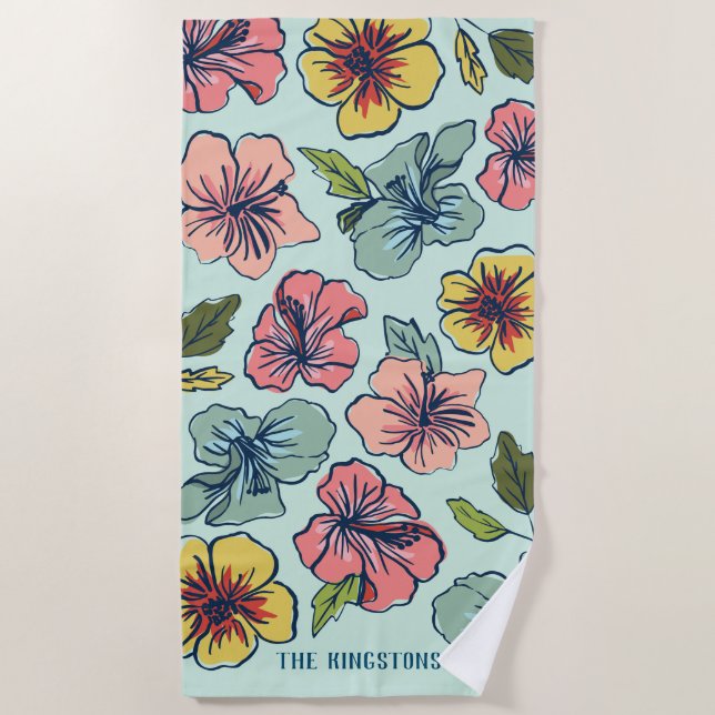 Toalla De Playa Flores hawaianas de la hawaiana y apellido (Anverso)