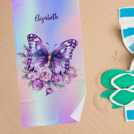 Toalla De Playa Flores moradas rosadas de mariposa holográfica