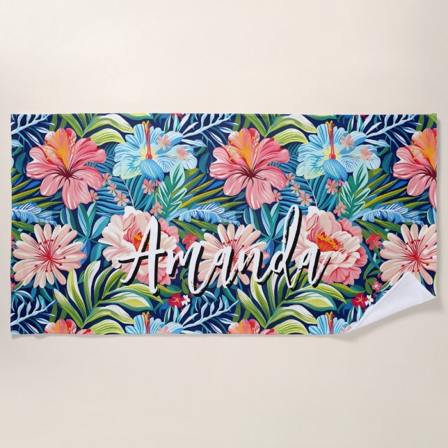 Toalla De Playa Flores Patrón Floral Bonito Verano Tropical (Anverso)