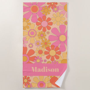 Toalla De Playa Flores retro 60s 70s Patrón floral personalizado
