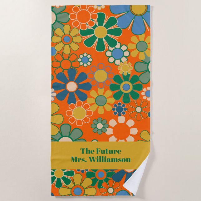 Toalla De Playa Flores retro Groovy 60's 70s Modelo floral Novia (Anverso)